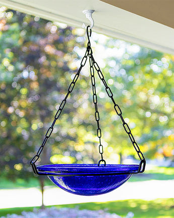 Achla Crackle Glass Bird Bath and Hanging Ring, Cobalt Blue