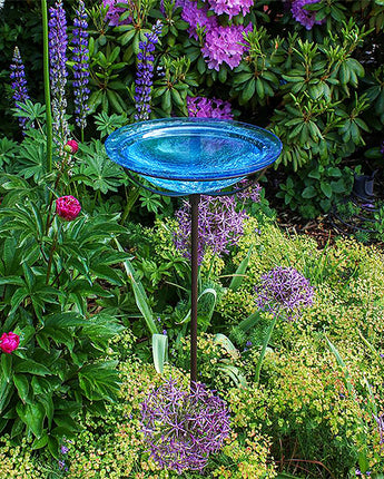 Achla Crackle Glass Bird Bath Bowl w/ Cradle & Stake, Teal