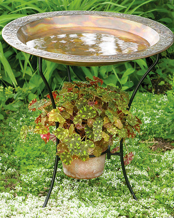 Ancient Graffiti Steel Bird Bath and Stand, Copper Plated