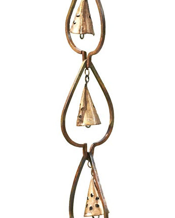 Ancient Graffiti Aspen Leaf and Bell Rain Chain, Aged Copper