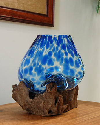 Cohasset Md Molten Glass Blue Accented Bowl & Wood Sculpture