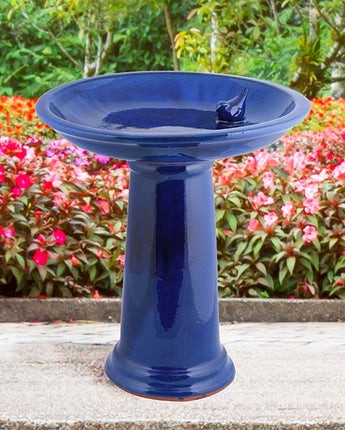 Esschert Design Ceramic Bird Bath and Pedestal, Cobalt Blue