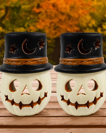 Artisanal Terra Cotta Warlock Jack-O-Lanterns, White, 2 Pack