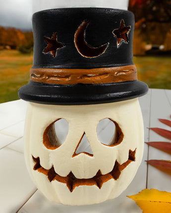 Artisanal Terra Cotta Warlock Jack-O-Lantern, White