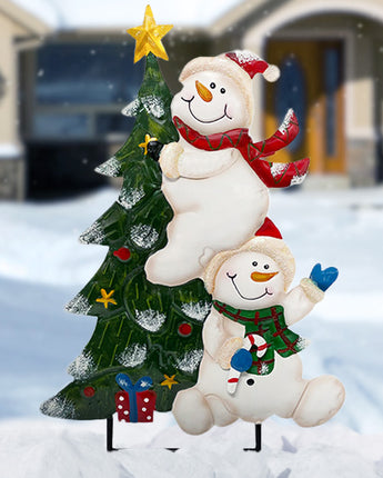 Land & Sea Metal Pair of Snowmen w/Christmas Tree Yard Art