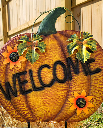 Land & Sea Metal Welcome Pumpkin with Sunflowers Yard Art