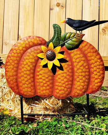 Land & Sea Metal Pumpkin with Sunflower and Bird Yard Art