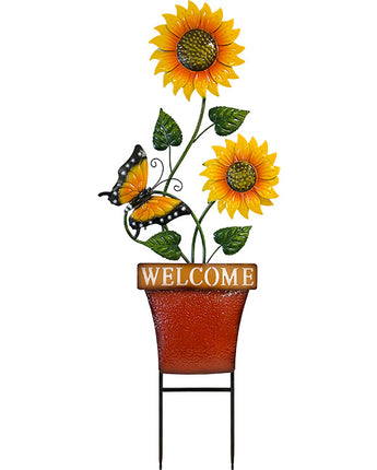 Land & Sea Tall Metal Potted Sunflowers & Butterfly Yard Art