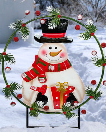 Land & Sea Metal Snowman and Wreath Staked Yard Art, 32"H