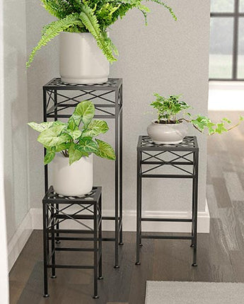 Panacea Cross Hatch Square Plant Stands, Black, Set of 3