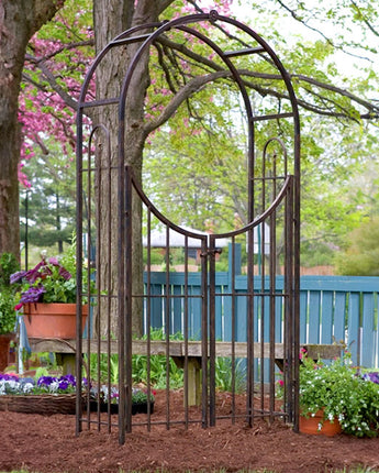 Panacea Arch Topped Garden Arbor with Gate, Brushed Bronze