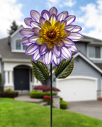 Metal Blooming Dahlia Garden Stake, Purple and Yellow