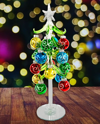 Glass Evergreen Tree and Ornaments w/Silver Glitter Accents