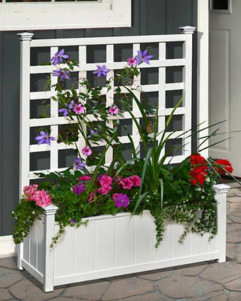 New England Huron Planter Box with Trellis, White, 48"H